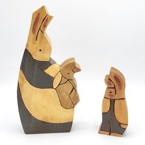 Vintage Carved Wood Easter Rabbit Figurines Folk Art Bunny Dual Side Cottagecore
